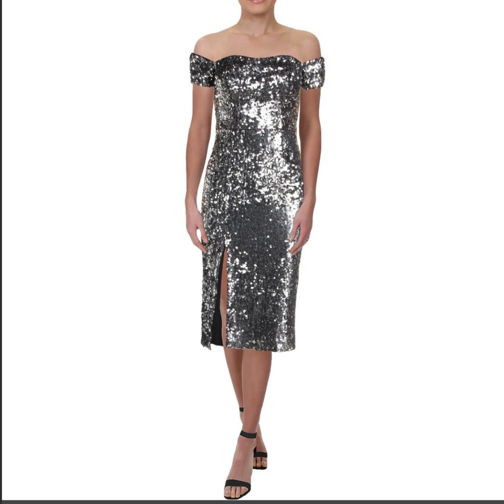 NWT Dress The Population Off-The-Shoulder Silver Sequin Midi Dress - Size Small